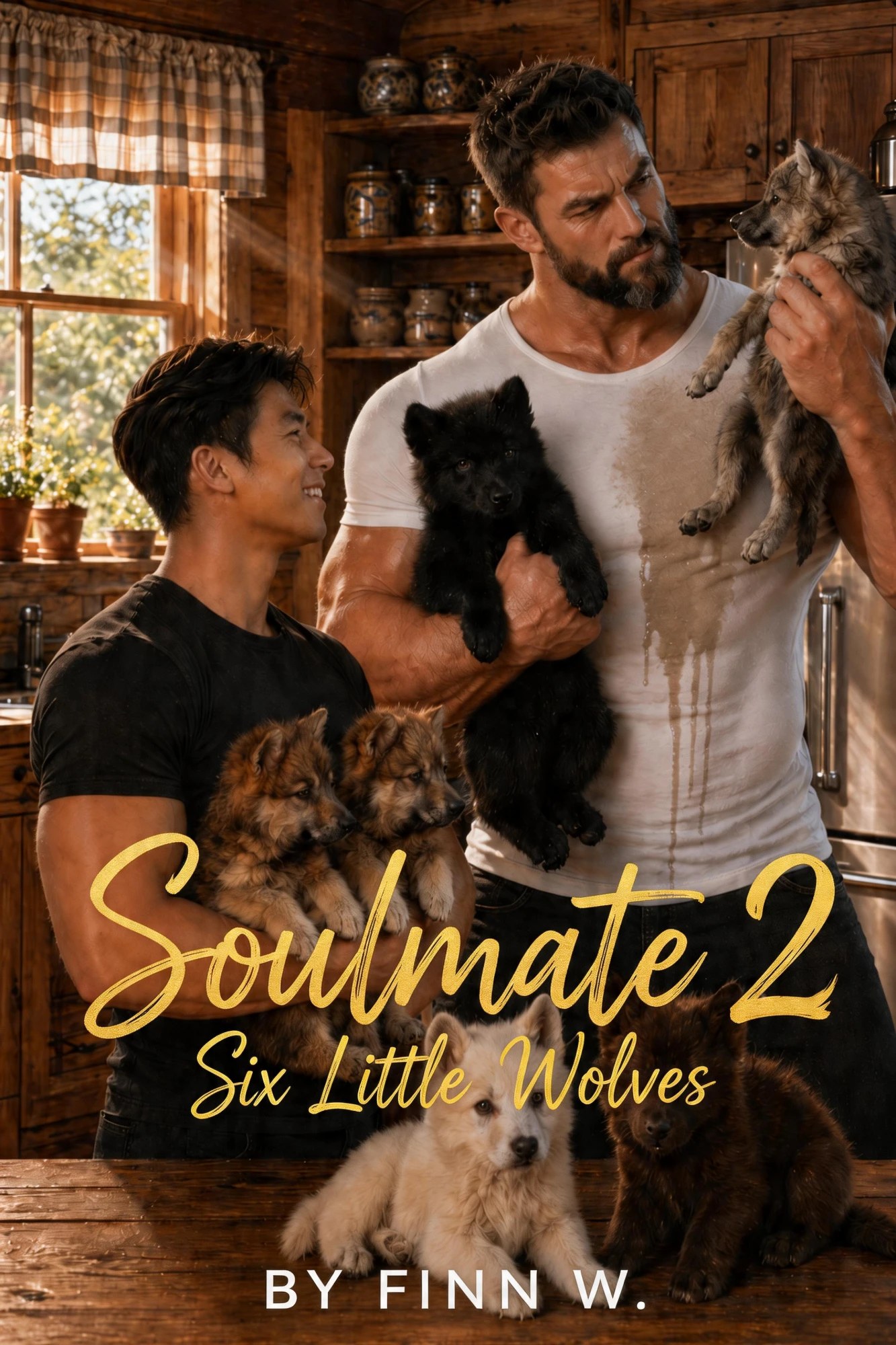 Six Little Wolves book cover — a man holding wolf cubs against another man's chest in a warm cabin
